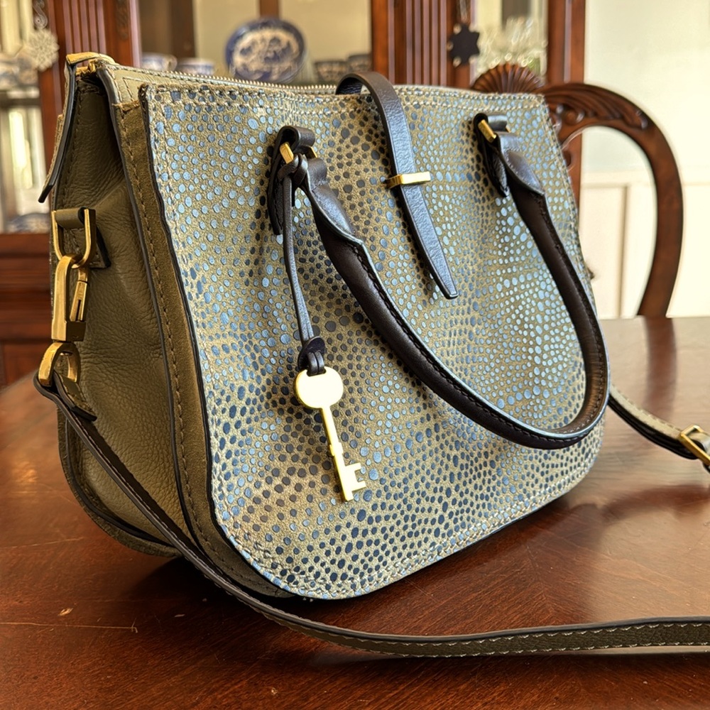 Fossil Olive Navy Dotted Genuine Leather 2-in-1 Satchel Cross Body Bag
